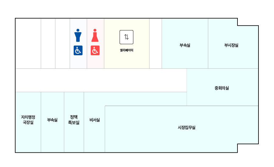 시청사 9층 평면도입니다. 왼쪽부터 시계방향으로 화장실, 직원용엘리베이터, 부속실, 부시장실, 중회의실, 시장집무실, 비서실, 정책특보실, 부속실, 자치행정실장실이 있습니다.